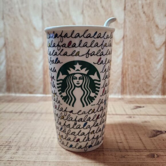 2011 STARBUCKS Falala Travel Mug Holiday Fa La La Double Wall Ceramic & Lid 12oz - Picture 6 of 11